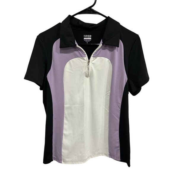 Izod Cool-FX Golf Polo Shirt Contrast Purple White Panels Short Sleeve Zip Neck - Picture 1 of 9